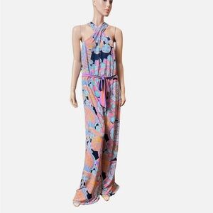 Trina Turk Halter Jumpsuit Milticolor Print Sleevless Size XS Wide Leg Belted